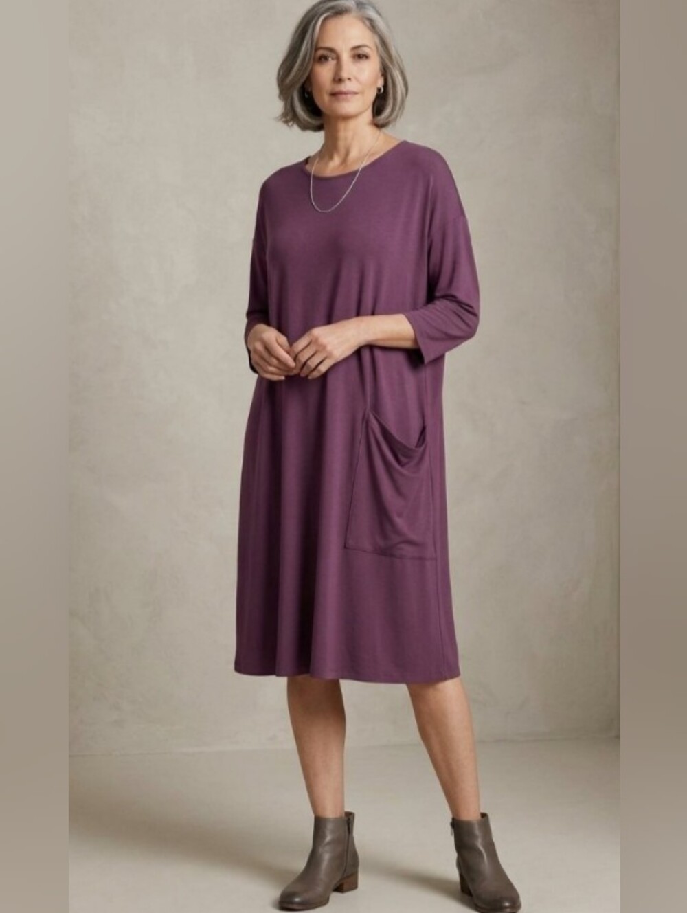 Eileen Fisher Women's Purple Jersey Tunic Dress Pocket  Office Minimalist Sz M